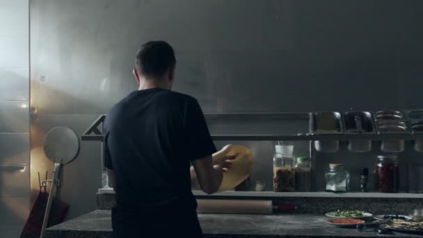 Back View Unrecognizable Man Flipping Tossing Dough Table Flour While — Stock Video