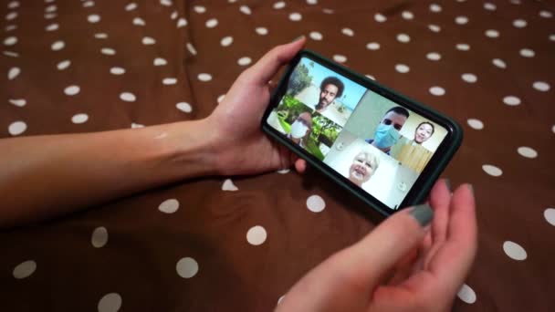 Woman Using Mobile Phone Bedroom Has Video Call Stock Footage