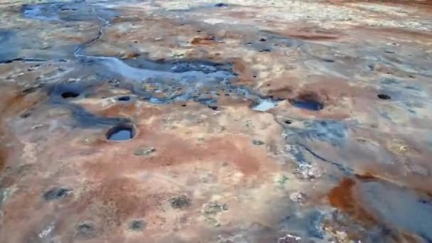 Aerial Top View Rough Surface Hverir Geothermal Area Covered Snow — Stock Video