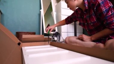 Evde yeni mobilyalar monte ederken, tüylü bir köpekle yerde oturan Asyalı kadın tahta tahtada vida vidalıyor.