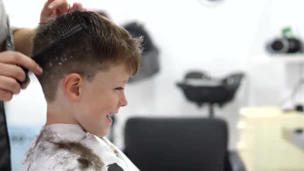 作物专业理发师在专业沙龙里用披风包扎着笑男孩的围裙剪发 — 图库视频影像