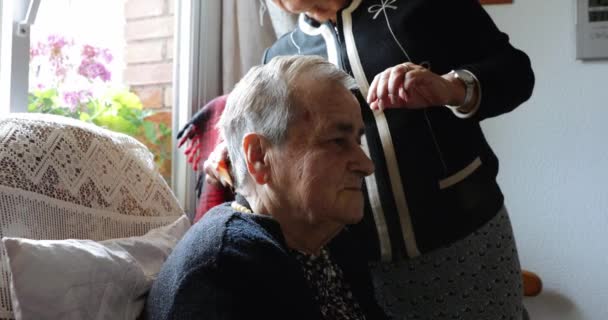 彼女の夫に髪をブラッシングする高齢女性 — ストック動画