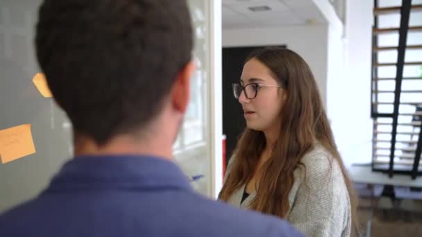 Jeune Femme Pointant Tableau Avec Stylo Tout Expliquant Les Détails — Video