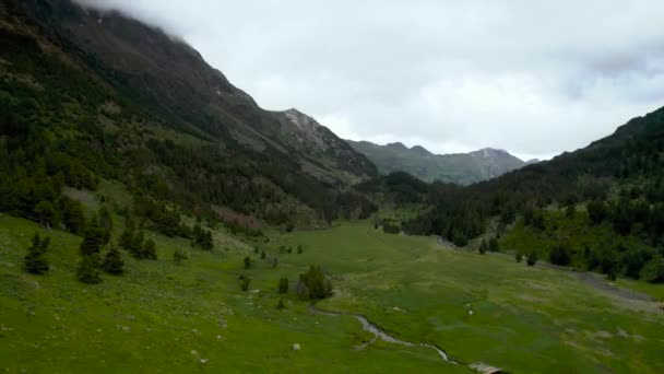피레네 산맥에 계곡을 흐르는 바위투성이의 개울을 공중에서 내려다본 — 비디오