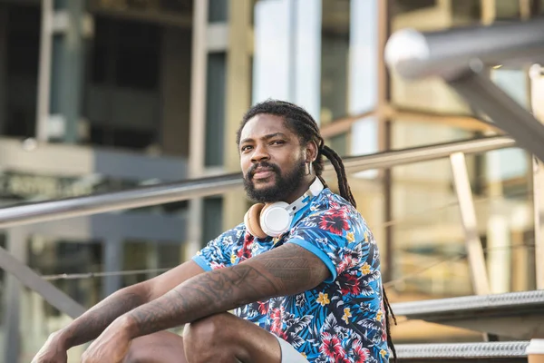 Thoughtful African American Male Casual Clothes Wireless Headphones Neck Looking — Stock Photo, Image