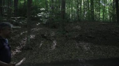 Güzel ormanda yürüyüş yapan yetişkin bir adamın görüntüsü.