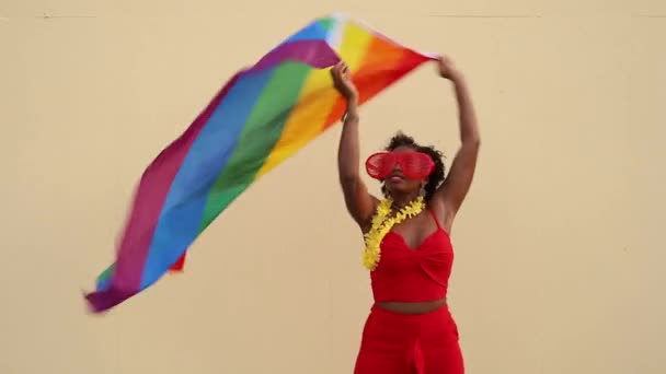 Stijlvolle Afro Amerikaanse Vrouw Trendy Kleding Bril Met Kleurrijke Vlag — Stockvideo