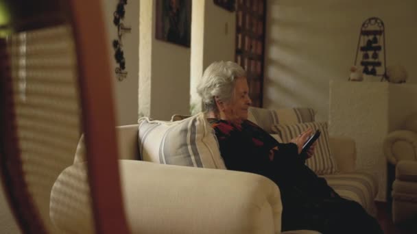 Pan View Senior Female Gray Hair Resting Couch Reading Book — Stock Video