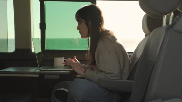 Side View Female Traveler Browsing Laptop While Working Project Van — Stock Video