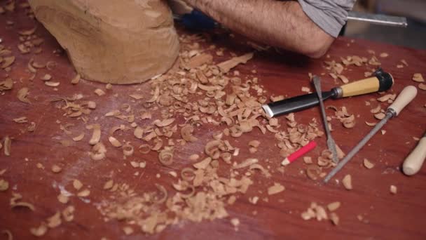 Närbild Manliga Händer Som Arbetar Som Träskulptör Verkstaden — Stockvideo