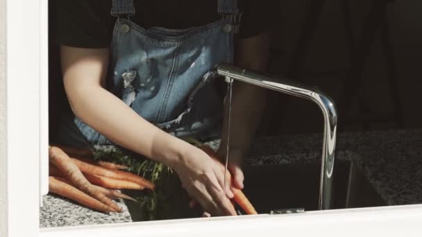 Footage Woman Washing Carrots Alone Kitchen — Stock Video