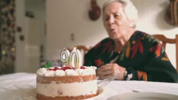Aged Woman Blowing Candles Birthday Cake Clapping Hands While Celebrating — Stock Video