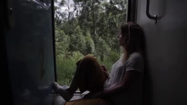 Vue Latérale Femme Rêveuse Dans Passage Ouvert Train Observant Les — Video