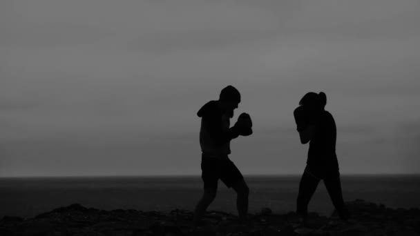 Silhuetas Lutadores Anônimos Praticando Kickboxing Contra Mar Céu Escuro Noite — Vídeo de Stock
