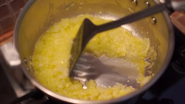 Zbliżenie Nagranie Smażonej Cebuli Patelni Sos Gotowania — Wideo stockowe