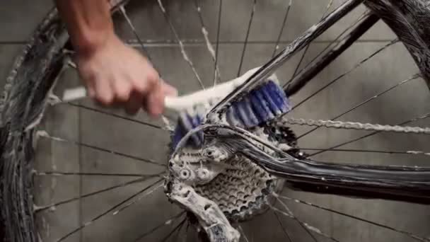 Felismerhetetlen Termés Férfi Szerelő Tisztító Felszerelés Kazetta Kerékpár Kerék Ecsettel — Stock videók