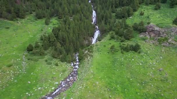 Vue Aérienne Ruisseau Rocheux Peu Profond Traversant Une Vallée Forestière — Video