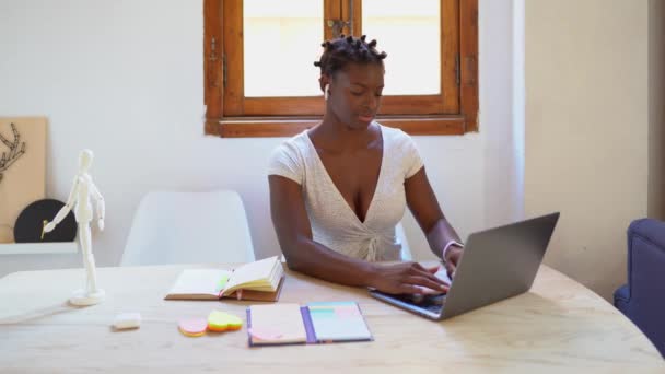アフリカ系アメリカ人女性フリーランサーがプロジェクトに取り組み 自宅でラップトップ付きのテーブルに座る — ストック動画