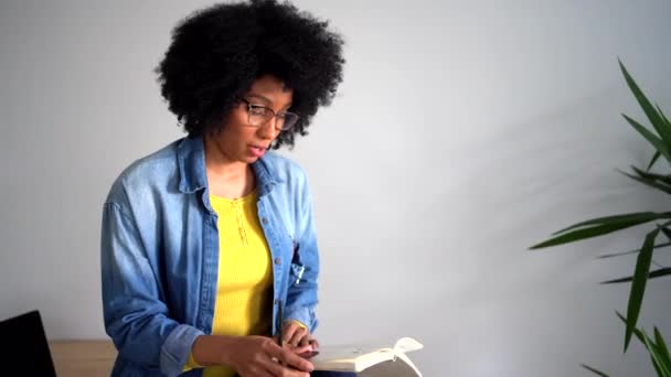 Entrevistadora Afro Americana Alegre Óculos Roupas Casuais Comunicando Com Pessoa — Vídeo de Stock