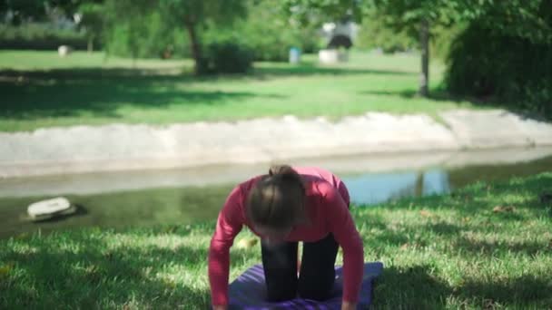 Aktif Kıyafetli Gerçek Zamanlı Bir Kadın Parkta Ağaçlarla Yoğun Pilates — Stok video
