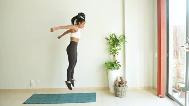 Side View Active Ethnic Female Athlete Performing Burpees Kicks Training — Stock Video