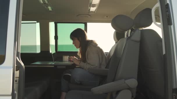 Seitenansicht Einer Reisenden Die Laptop Surft Während Sie Lieferwagen Während — Stockvideo