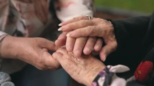匿名の高齢女性の上から一緒に時間を過ごしながら支持ジェスチャーでしわの手を保持し パッチ — ストック動画