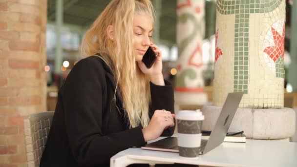 Jovem Freelancer Sexo Feminino Conversando Celular Enquanto Trabalhava Com Laptop — Vídeo de Stock