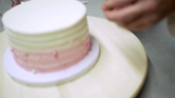 在糖果店柜台工作时 种植匿名女糖果店 在涂有奶油的蛋糕上摆放可食用珍珠 — 图库视频影像