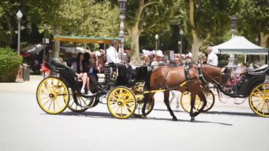İspanya 'nın Sevilla şehrinde İspanya Meydanı' nda (Plaza Espana) at arabasıyla gezen Çinli turistler görülüyor.
