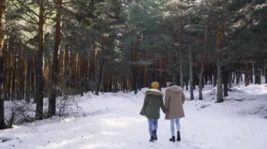 Genç çift kışın karlı ormanda aşık.