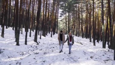Genç çift kışın karlı ormanda aşık.