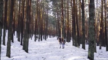 Genç çift kışın karlı ormanda aşık.