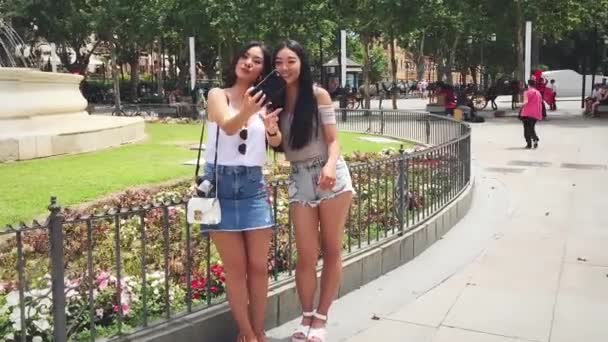 Dwie Chińskie Dziewczyny Uśmiechnięte Robiące Selfie Stojące Przy Hispalis Font — Wideo stockowe