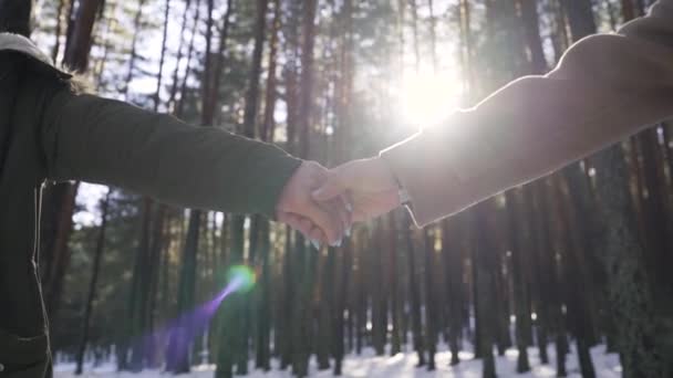 Jeune Couple Amoureux Dans Forêt Enneigée Hiver — Video