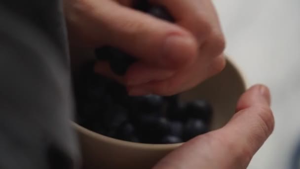 Von Oben Nimmt Ein Unbekannter Eine Handvoll Frische Blaubeeren Aus — Stockvideo