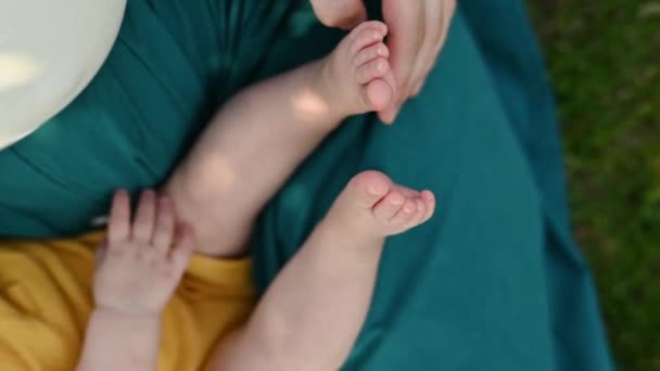 ハイアングルは 夏の間に公園に座っている間 赤ちゃんの足を保持している認識できない白人母親の手を切り取りました — ストック動画