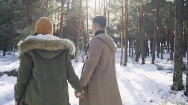 冬の雪の森に恋する若いカップル — ストック動画