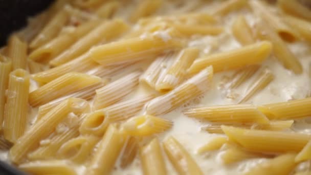 Closeup Person Scattering Ground Cheese Top Penne Pasta Boiling Cream — Stock Video