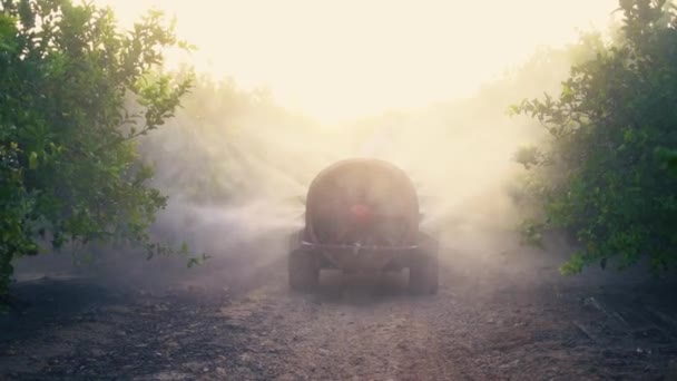 在有机农业农场驾驶拖拉机时 隐姓埋名的农民身穿防护服 蒙面向柠檬树喷洒杀虫剂和杀虫剂的倒影 — 图库视频影像