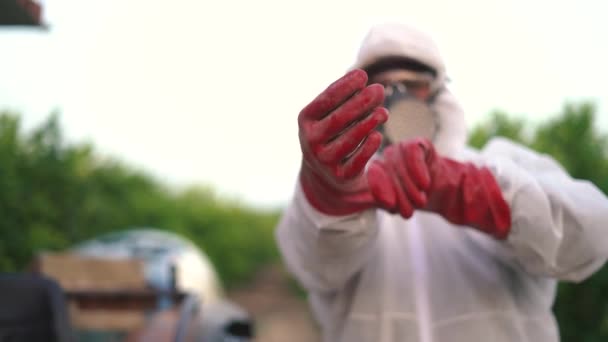 在有机农业农场的拖拉机上 匿名农民穿着防护服 蒙着面具 戴着红色防护手套 准备在柠檬树上喷洒杀虫剂和杀虫剂 — 图库视频影像