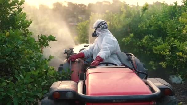 Anonymous Farmer Wearing Protective Suit Mask Spraying Pesticide Insecticide Lemon — Stock Video