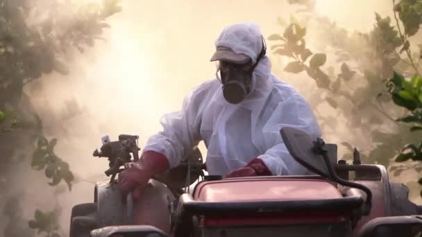 Anonieme Landbouwer Beschermende Kleding Masker Sproeimiddel Insecticide Citroenbomen Tijdens Het — Stockvideo