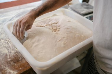 Beyaz tişörtlü tanınmayan bir fırıncının elinde, bir fırındaki masada çalışmak için plastik bir konteynırdan hamuru çıkarması.