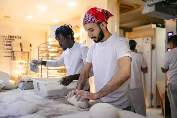 Arabic Baker White Clothes Red Cap Kneading Make Bread Black — Stock Photo, Image