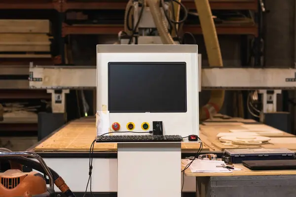 stock image Old fashioned computer numerical control of grunge machine placed in shabby carpentry workshop