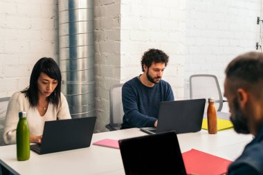 Farklı ırklardan gelen bir grup insan birlikte çalışan bir ofiste dizüstü bilgisayarlarla konsantre ve mutlu bir şekilde çalışıyor.