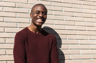 Mutlu, genç, Afro-Amerikan erkek güneş ışığının altında duruyor. Kale duvarının yanında.