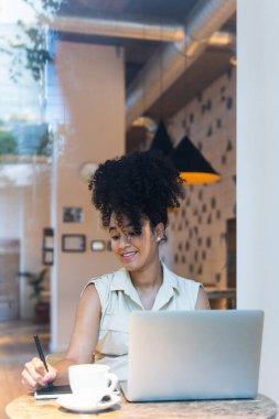 Bilgisayarlı ve kahveli grafik tablet kullanan Afro-Amerikan kadın serbest yazar.