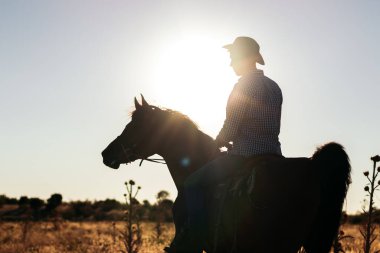 Güneş arkasından batarken kırsalda ata binen bir adam. Bu görüntü, kırsalda at sürmenin sağlayabileceği özgürlük ve doğa ile bağlantı hissini aktarıyor.